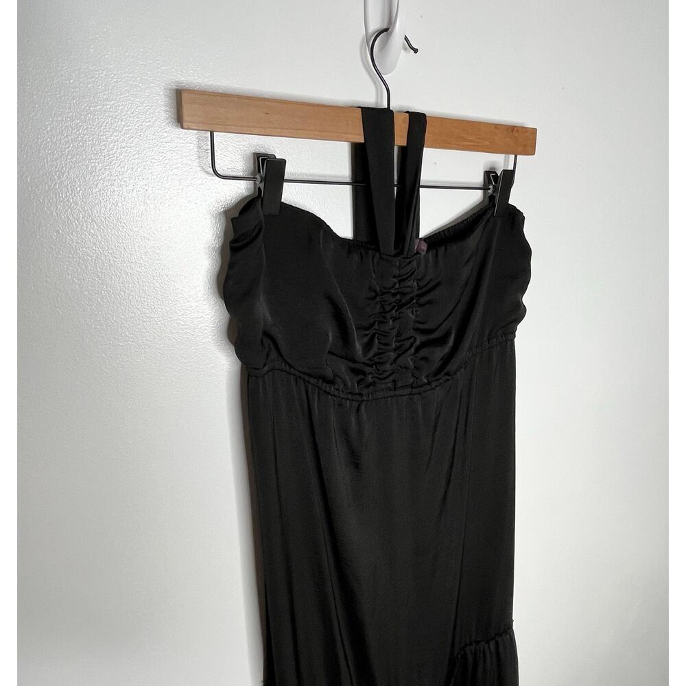 Hale Bob Halter Maxi Dress Small Black Satin Tiered Crochet Detail Smocked - Picture 3 of 6